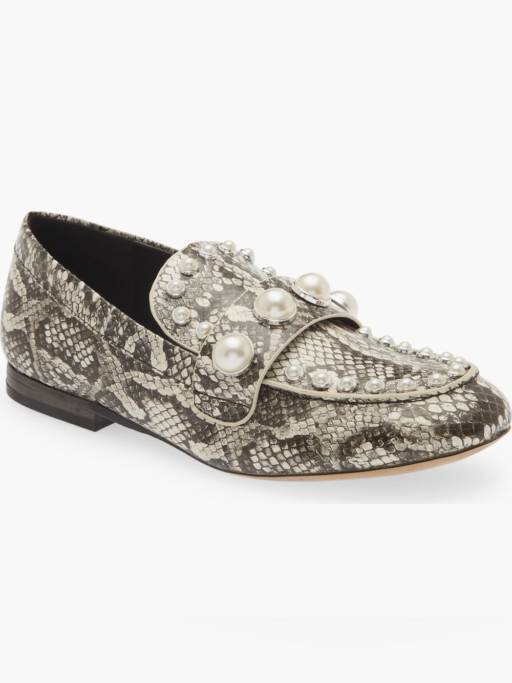 Karl Lagerfeld Paris Avah Pearl Embellished Snakeskin Loafers Grey Python 8M